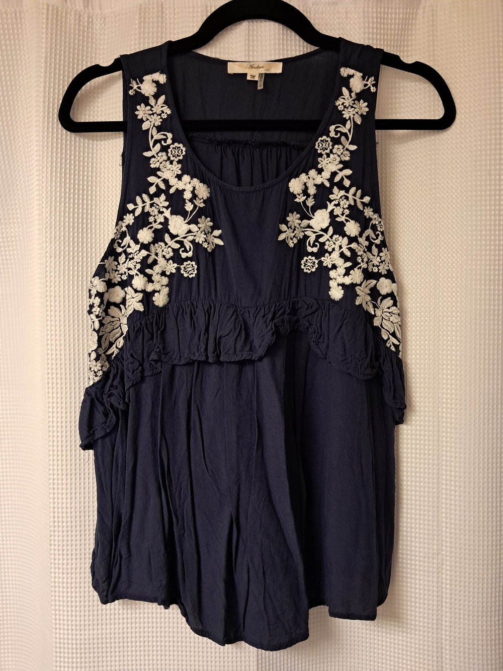 Andree Navy Tank Top with White Floral Embroidery